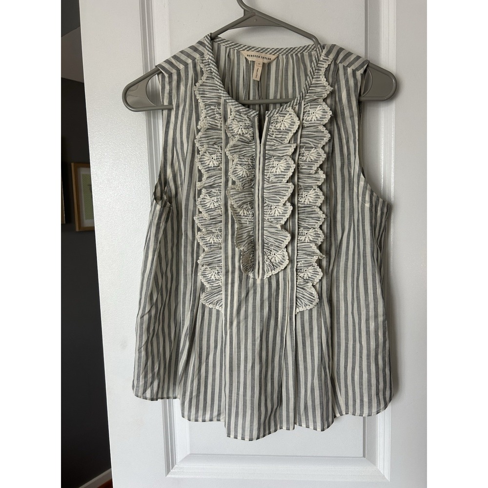 Rebecca Taylor Sleeveless Eyelet Stripe Top Size 6 Cotton Linen Blend